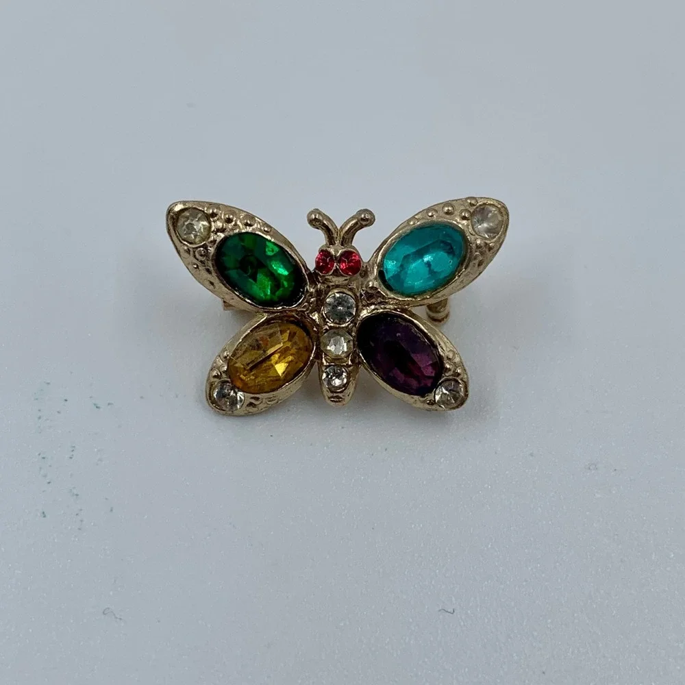 Vintage Gold Tone Mini Multicolor Rhinestone Butterfly Brooch Pin 1.25